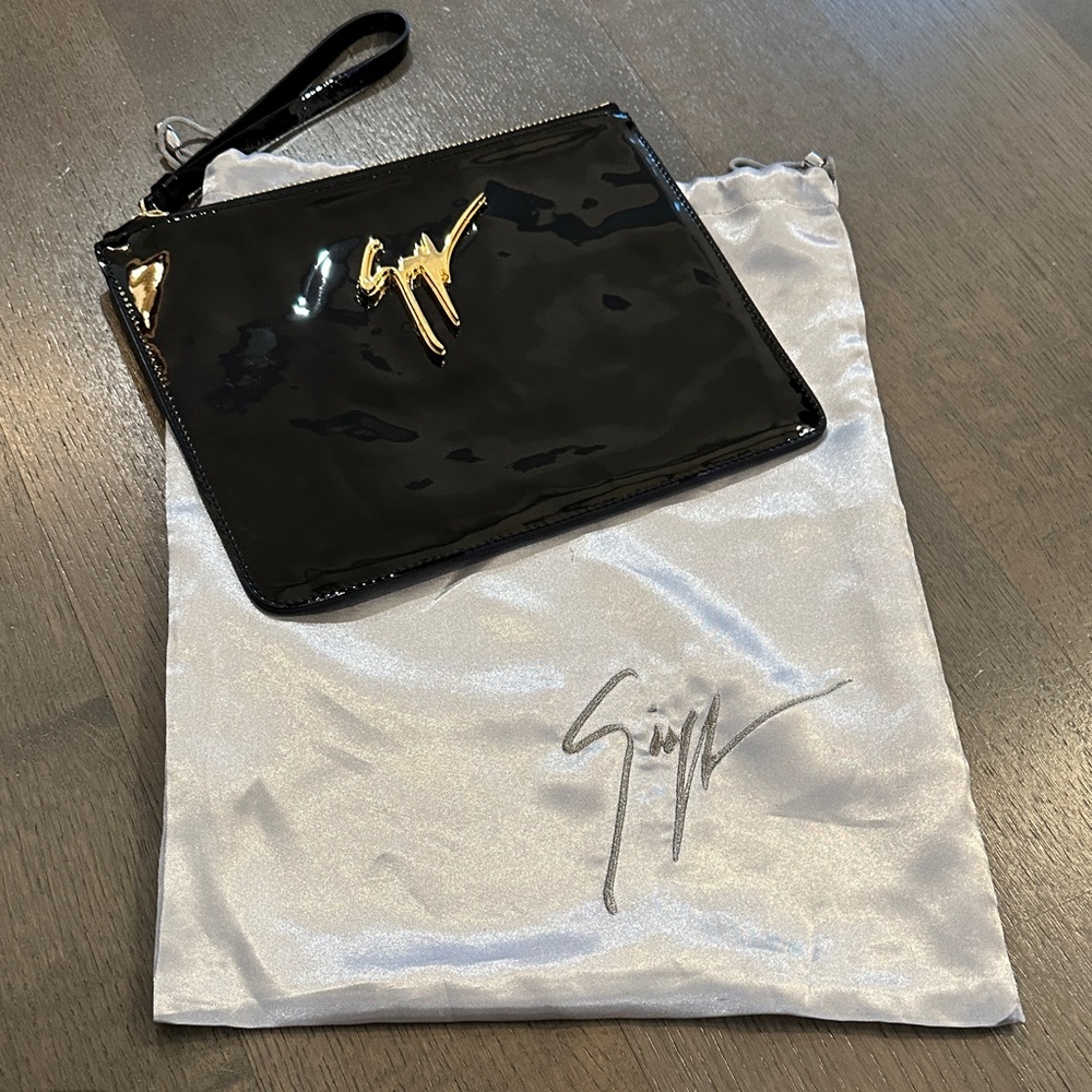 Giuseppe Zanotti Black Patent Clutch with Gold Logo